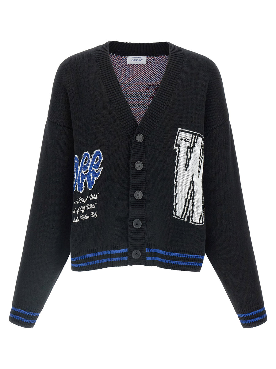 Off White Glide Cardigan For Men Heavy Cotton Knit Black With Inlays Embroidery V Neck Button Closure