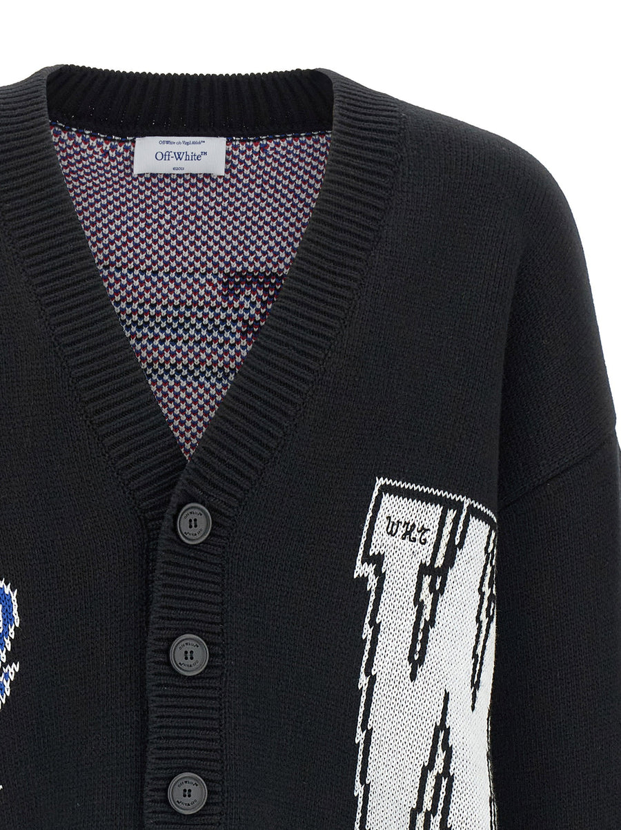 Off White Glide Cardigan For Men Heavy Cotton Knit Black With Inlays Embroidery V Neck Button Closure