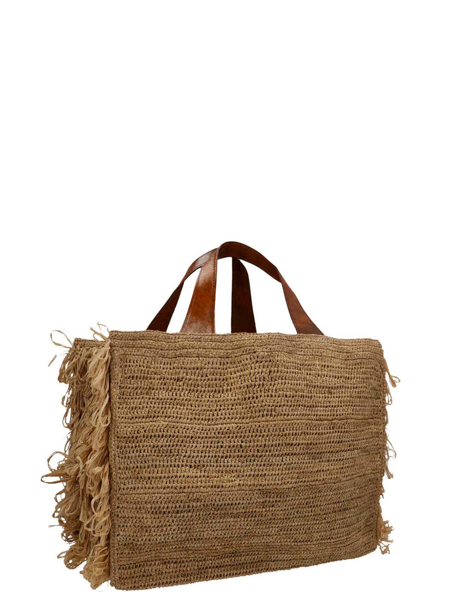 Ibeliv Onja Handbag Rectangular Raffia Bag For Women With Magnetic Closure Fringed Sides