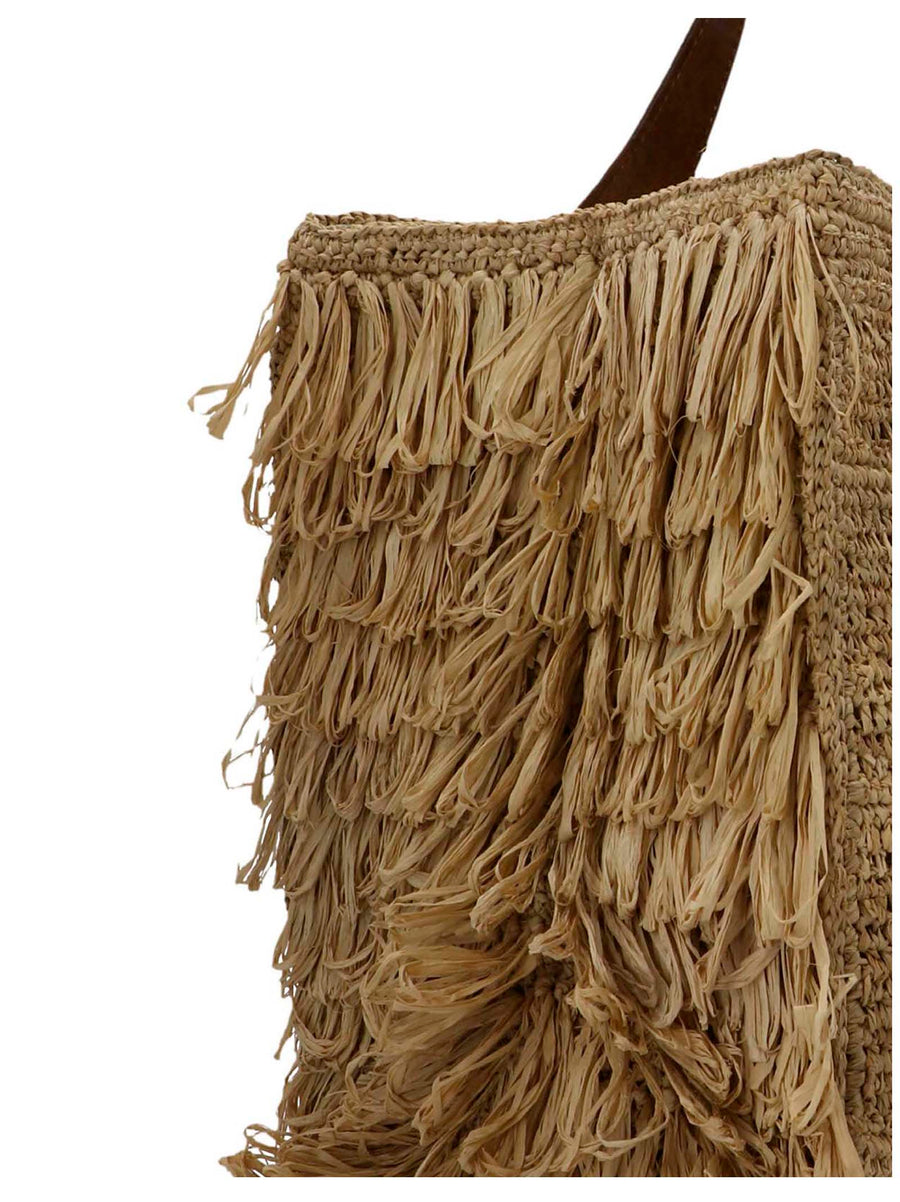 Ibeliv Onja Handbag Rectangular Raffia Bag For Women With Magnetic Closure Fringed Sides