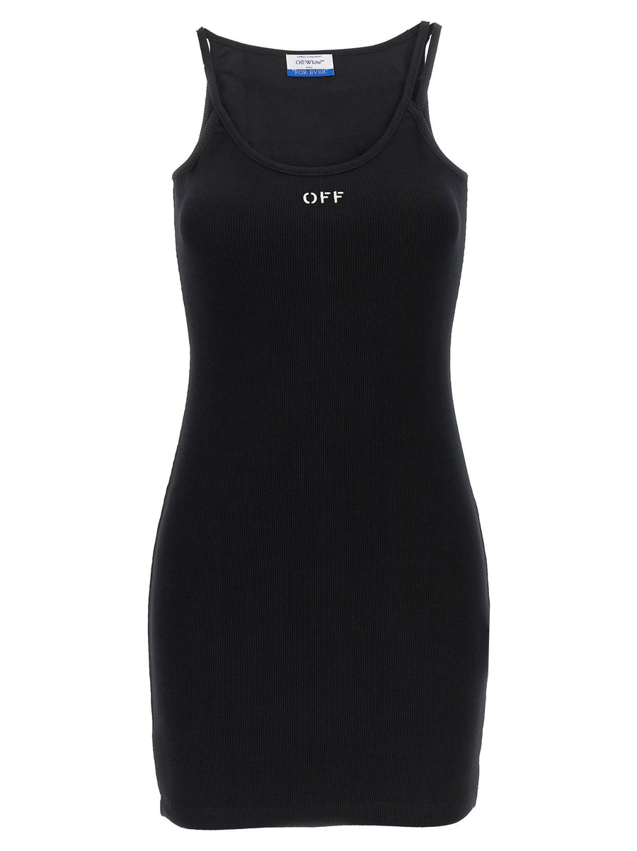 Off White Off Stamp Dress For Women Minimalist Luxury Ribbed Stretch Cotton Black Signature Detail Versatile Everyday