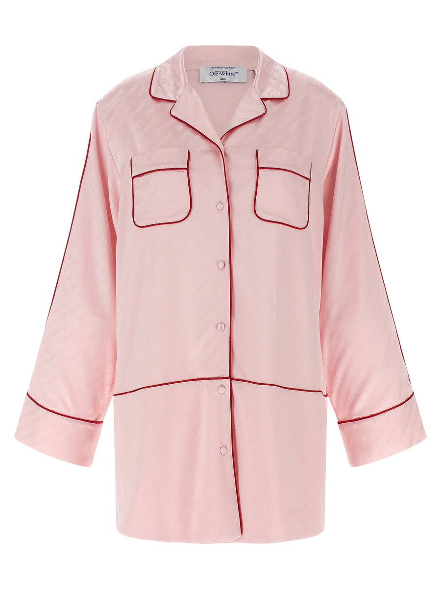 Off White Roxy Satin Jacquard Pajama Shirt For Women Soft Allover Logo Luxury Loungewear Top