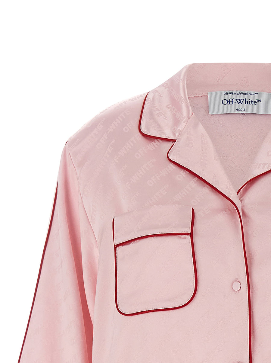 Off White Roxy Satin Jacquard Pajama Shirt For Women Soft Allover Logo Luxury Loungewear Top