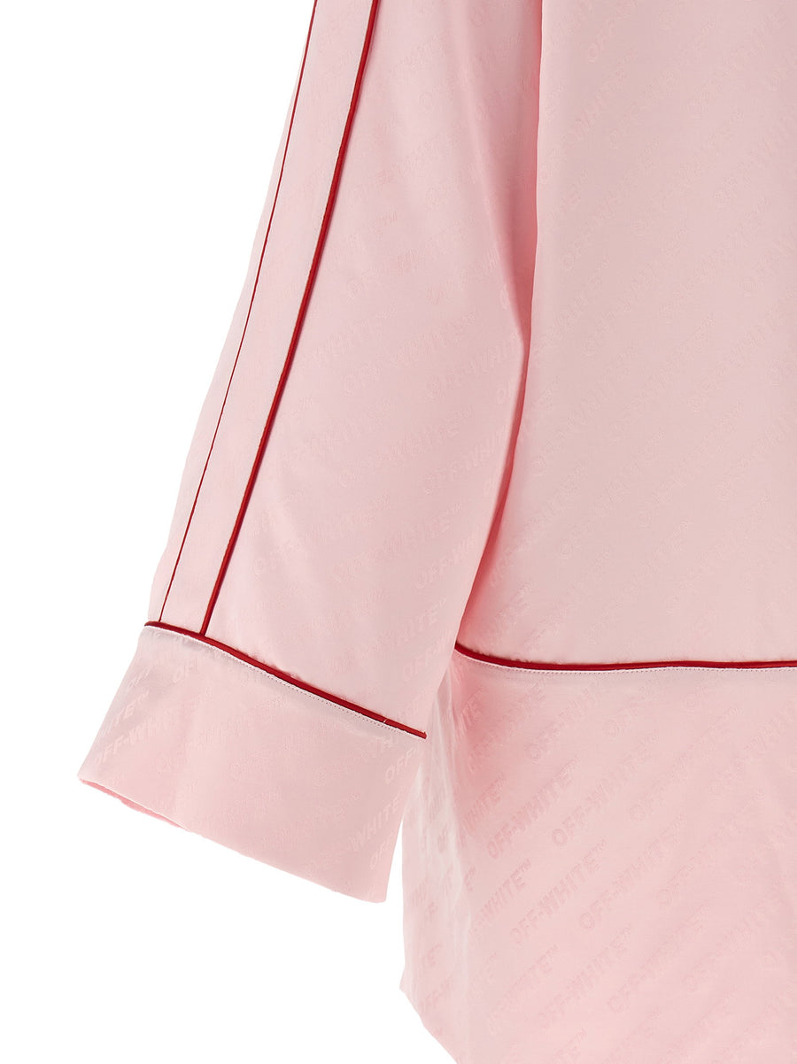 Off White Roxy Satin Jacquard Pajama Shirt For Women Soft Allover Logo Luxury Loungewear Top