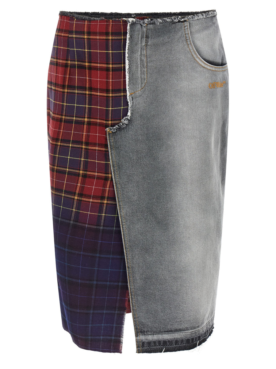 Off White Patchwork Skirt For Women Multicolor Denim Texture Midi With Check Cotton