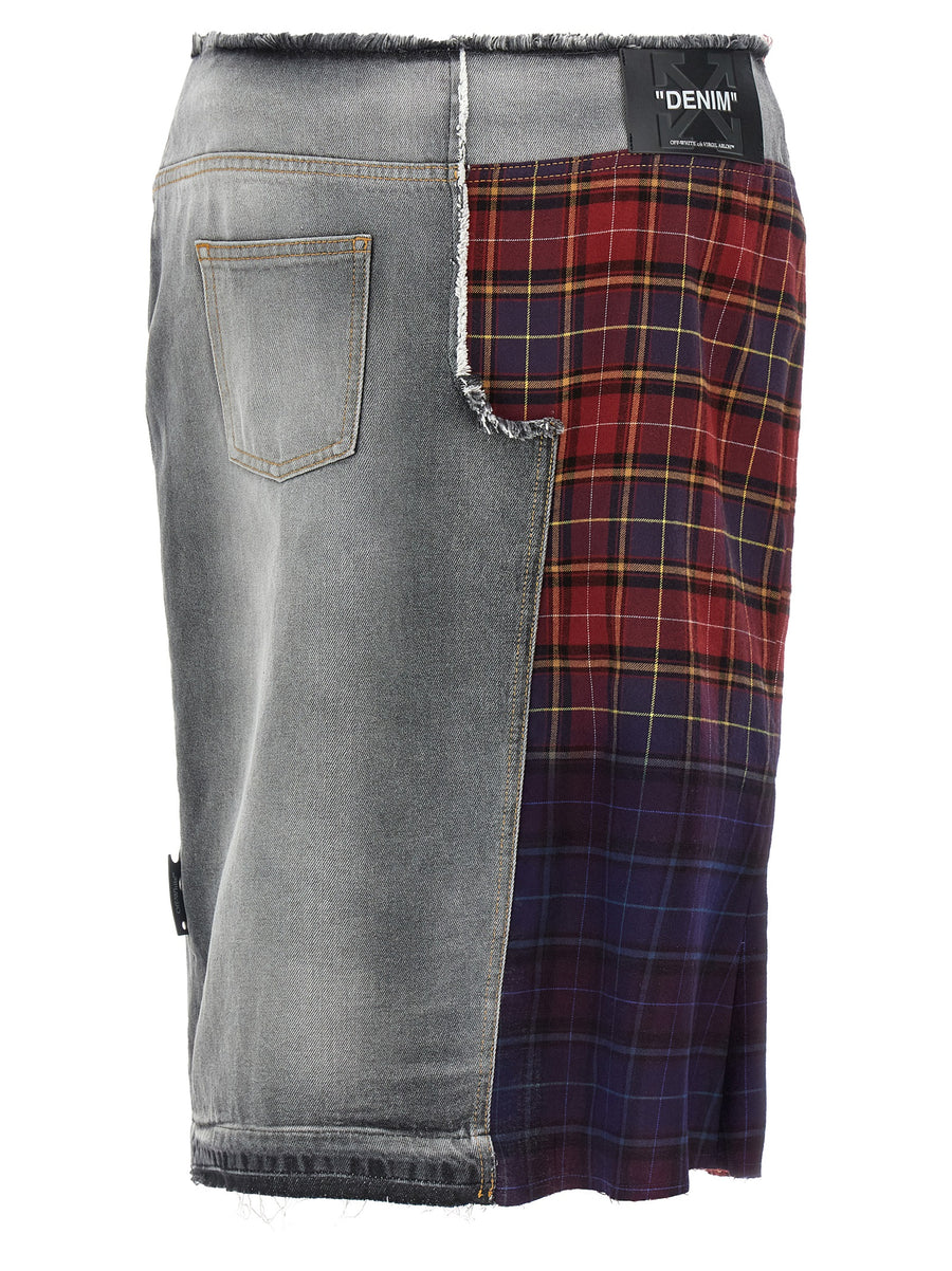 Off White Patchwork Skirt For Women Multicolor Denim Texture Midi With Check Cotton