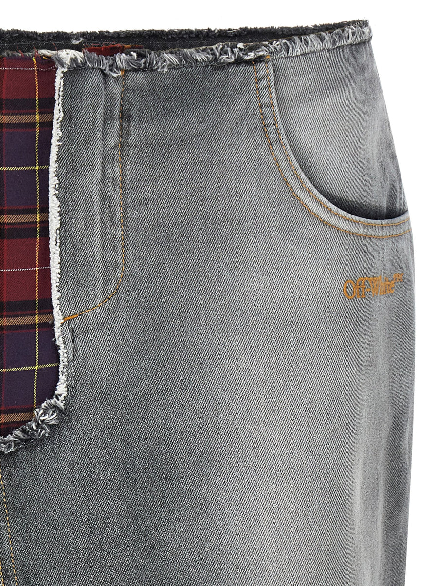 Off White Patchwork Skirt For Women Multicolor Denim Texture Midi With Check Cotton