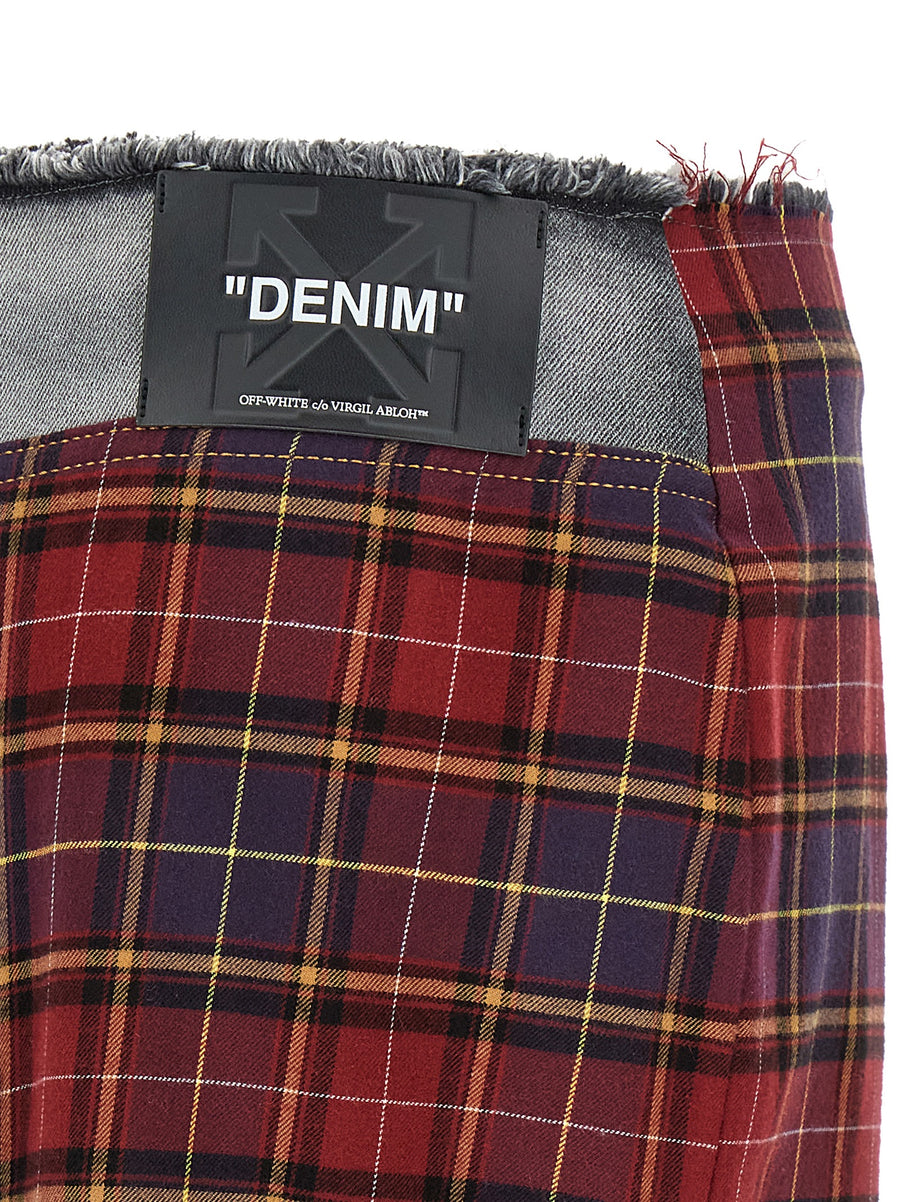 Off White Patchwork Skirt For Women Multicolor Denim Texture Midi With Check Cotton