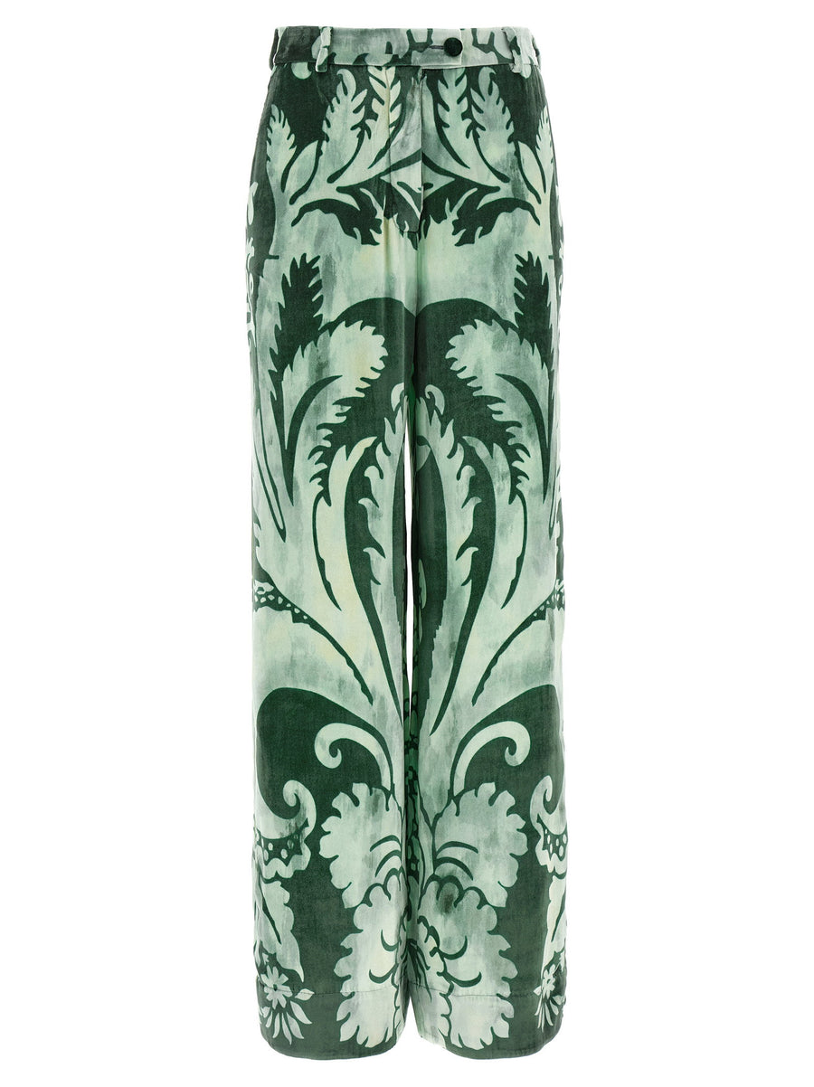 F.r.s. Arche Pants For Women Floral Green Chenille Trousers With Piping And Button Closure