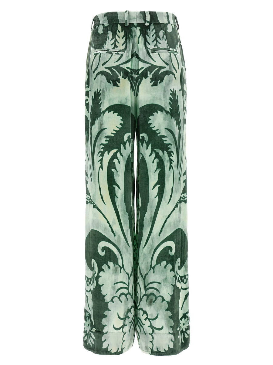 F.r.s. Arche Pants For Women Floral Green Chenille Trousers With Piping And Button Closure