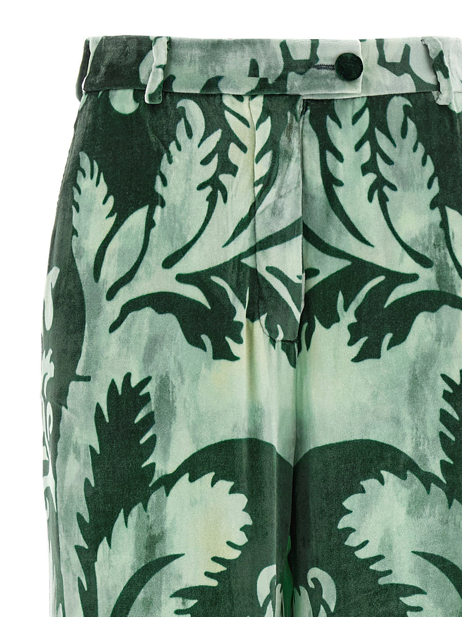 F.r.s. Arche Pants For Women Floral Green Chenille Trousers With Piping And Button Closure