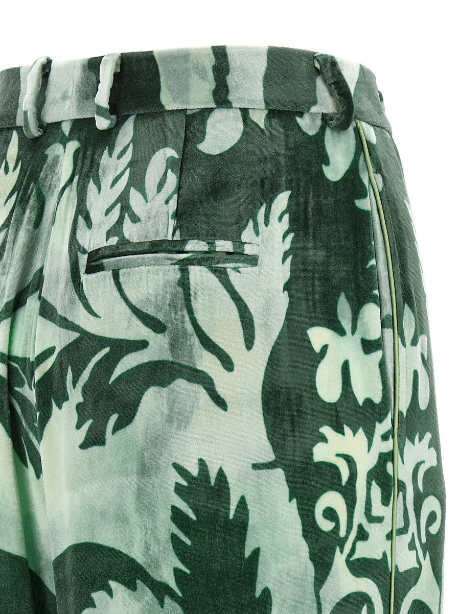 F.r.s. Arche Pants For Women Floral Green Chenille Trousers With Piping And Button Closure