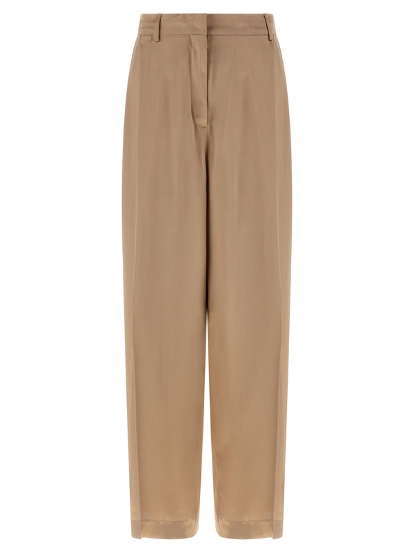 Fabiana Filippi Liquid Satin Pants For Women Tailored Beige Viscose Wide Leg Trousers With Shaping Darts
