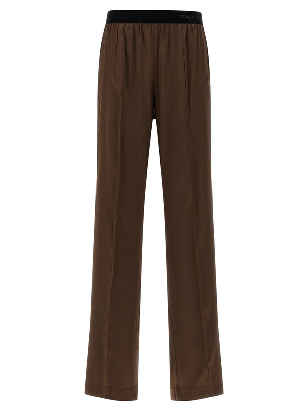 Tom Ford Silk Satin Pajama Style Trousers Velvet Logo Elastic Waist Brown