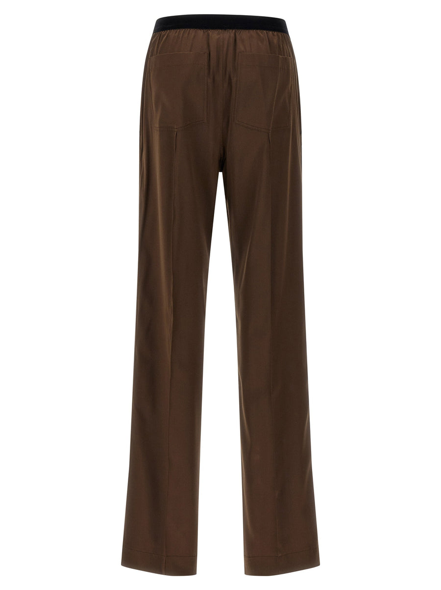 Tom Ford Silk Satin Pajama Style Trousers Velvet Logo Elastic Waist Brown