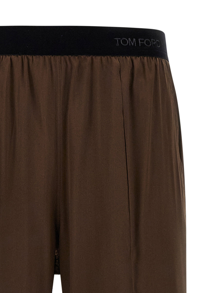 Tom Ford Silk Satin Pajama Style Trousers Velvet Logo Elastic Waist Brown
