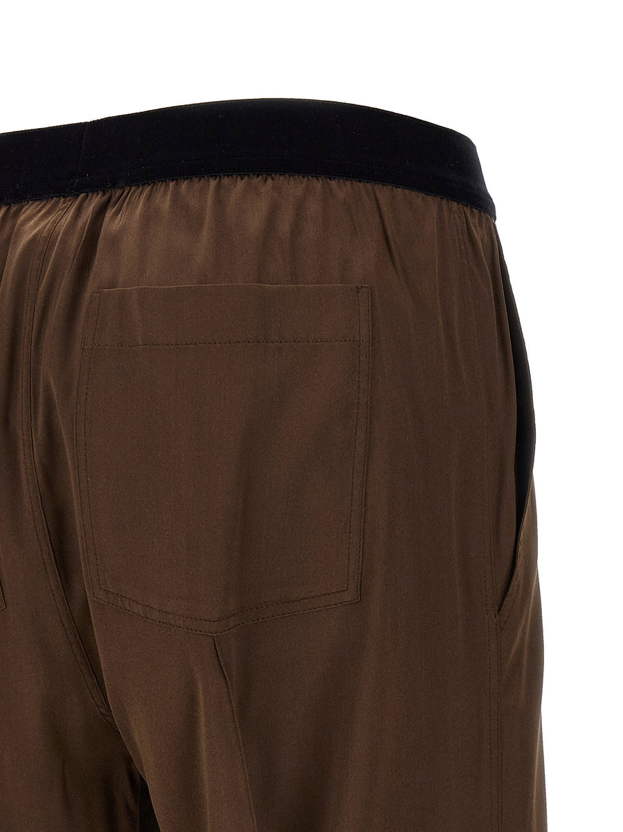 Tom Ford Silk Satin Pajama Style Trousers Velvet Logo Elastic Waist Brown