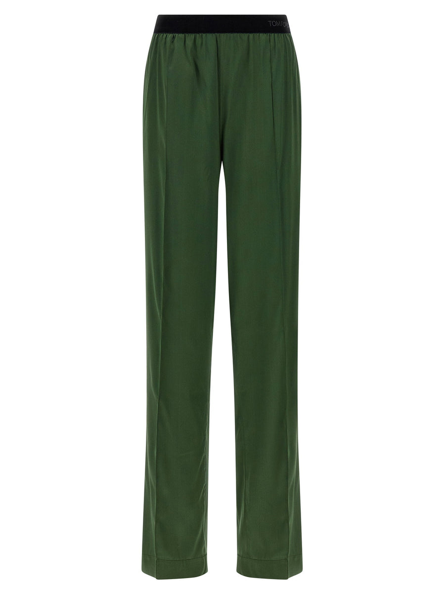 Tom Ford Silk Pants Luxurious Stretch Satin Green For Women Velvet Logo Elastic Waistband