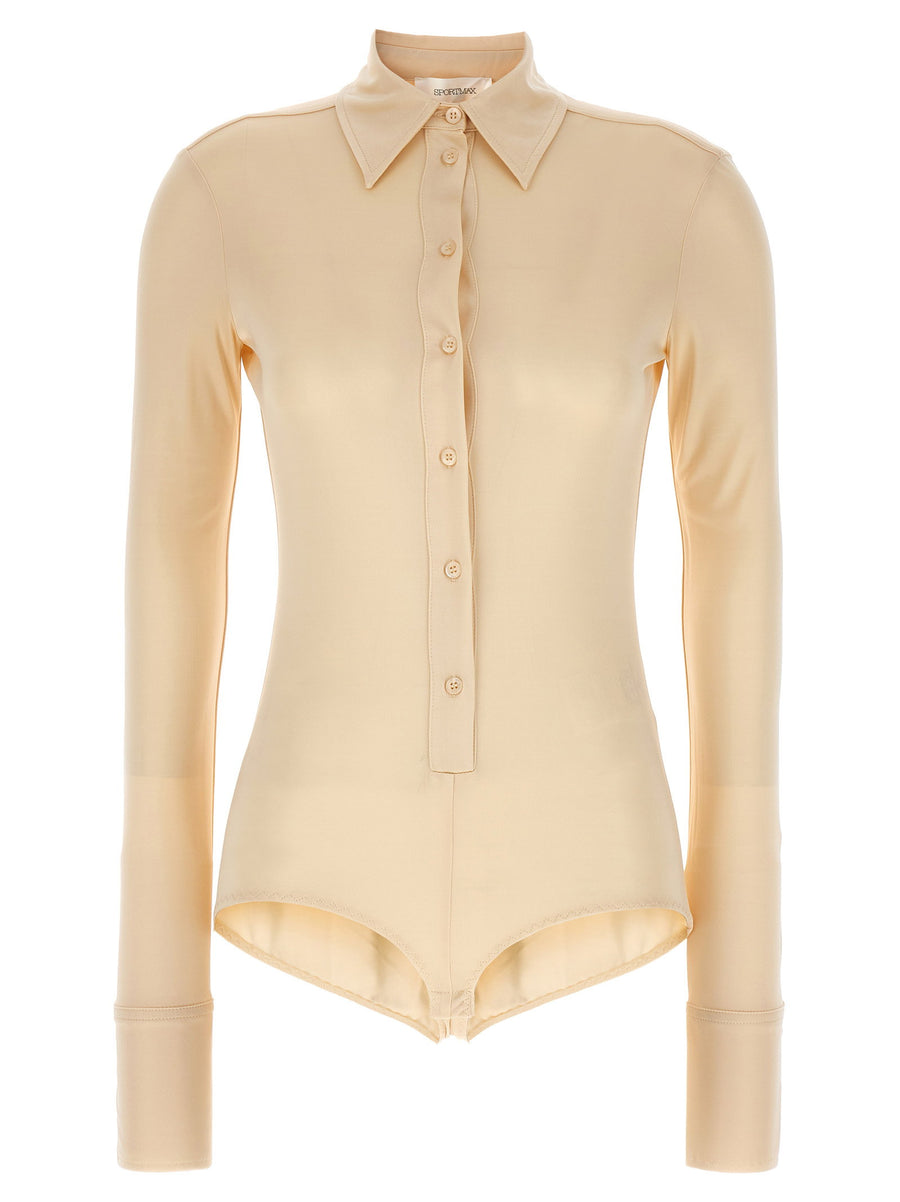 Sportmax Pera Bodysuit for Women Beige Viscose Shirt Style Top with Collar and Button Front Versatile