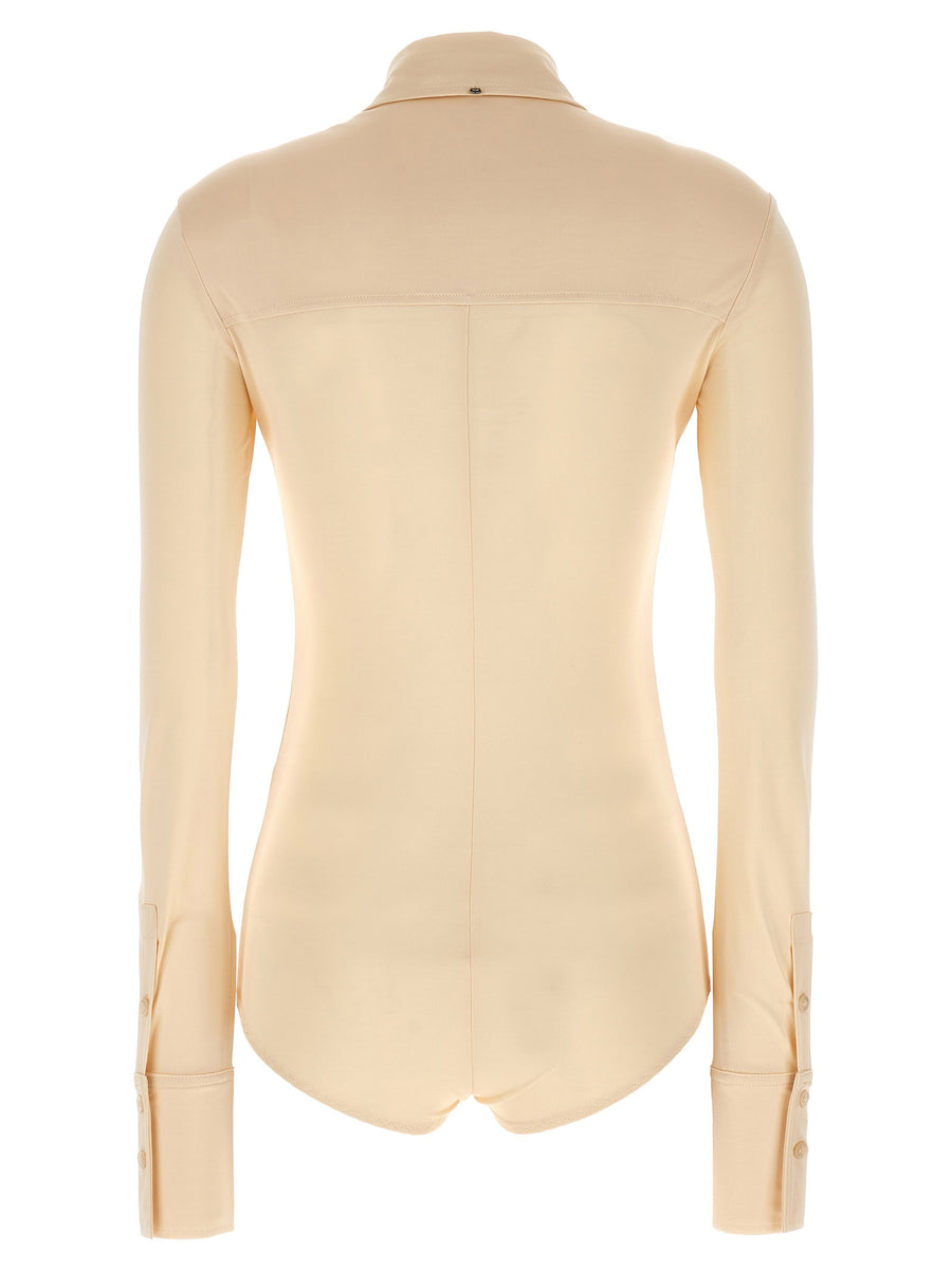Sportmax Pera Bodysuit for Women Beige Viscose Shirt Style Top with Collar and Button Front Versatile
