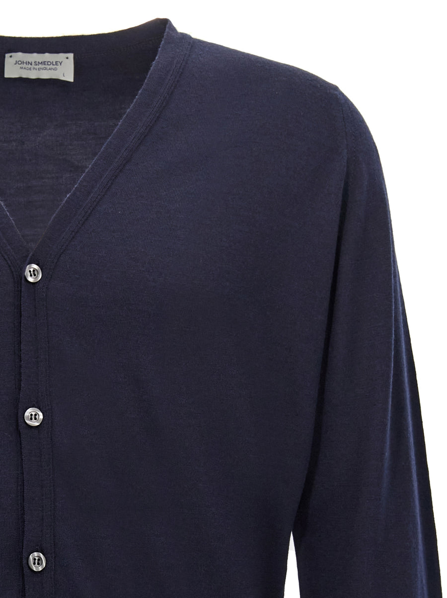 John Smedley Petworth Cardigan Luxury 100 Wool Blue Knit For Men Timeless Layering Essential