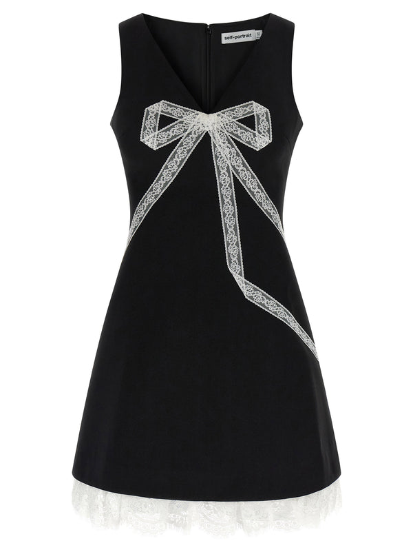 Self-Portrait Black Crêpe Bow Lace Mini Dress