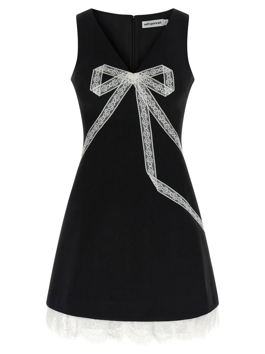 Self-Portrait Black Crêpe Bow Lace Mini Dress