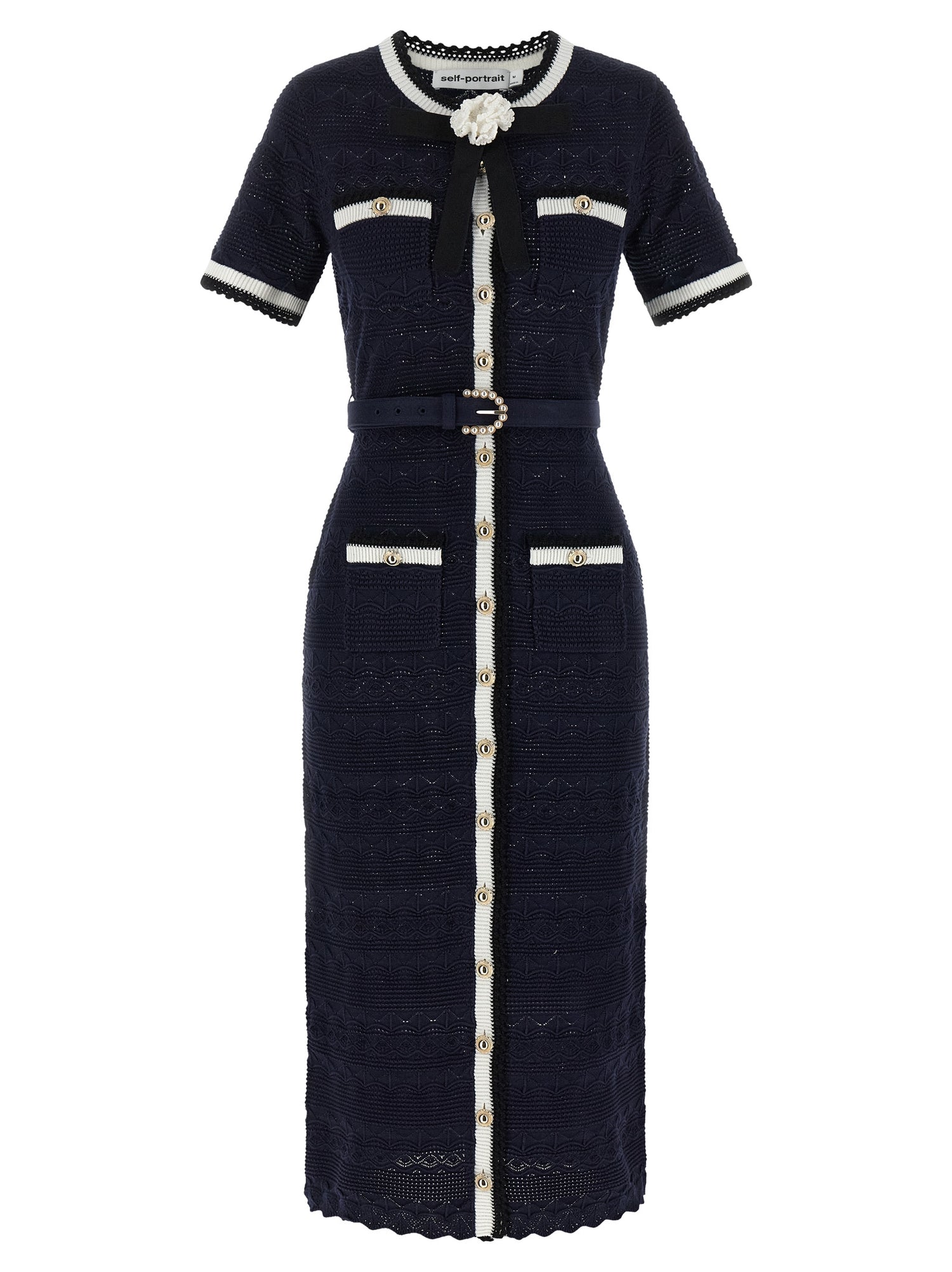 Self-Portrait Navy Pointelle Knit Midi Dress