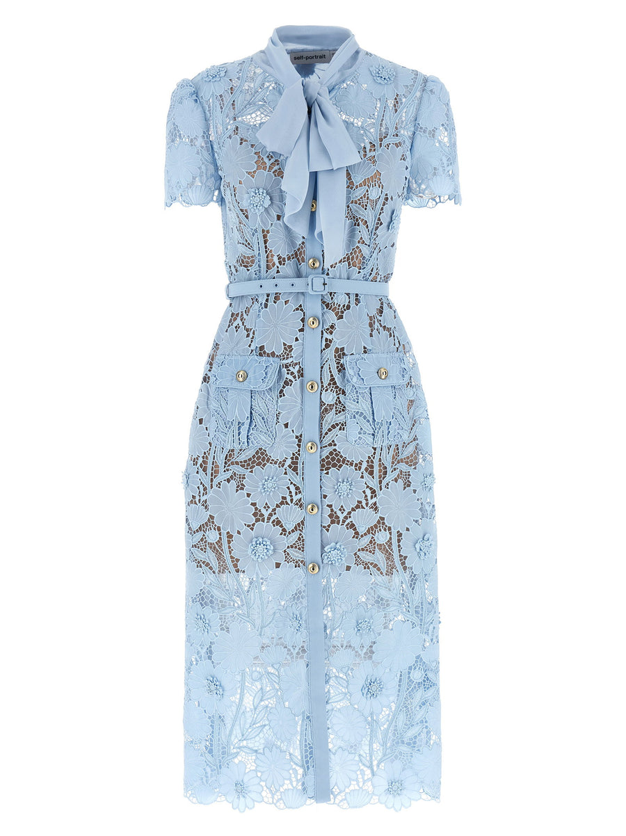 Self-Portrait Blue Lace Tie Neck Midi Dress