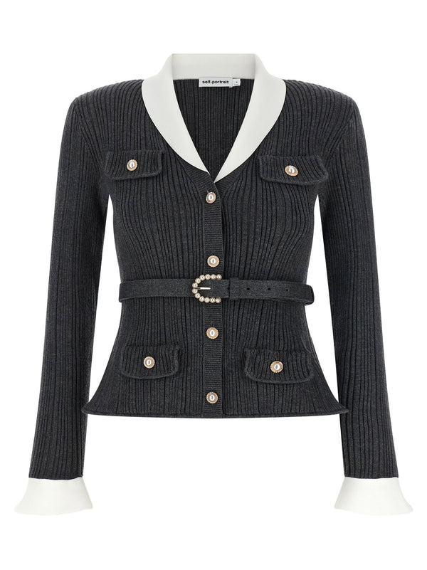 Self-Portrait Ribbed Cardigan For Women With Jewel Button Detailing, Belt, And Removable Straps, Gray