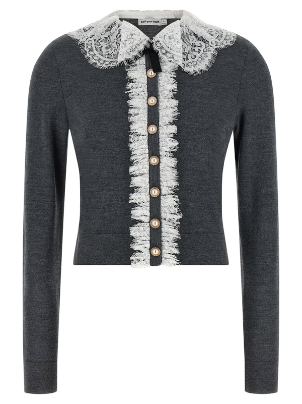 Self Portrait Grey Lace Collar Knit Cardigan With Removable Bow Brooch For Women Luxury Wool Topwear