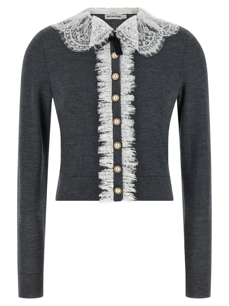 Self Portrait Grey Lace Collar Knit Cardigan With Removable Bow Brooch For Women Luxury Wool Topwear