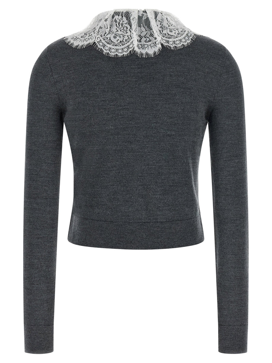Self Portrait Grey Lace Collar Knit Cardigan With Removable Bow Brooch For Women Luxury Wool Topwear