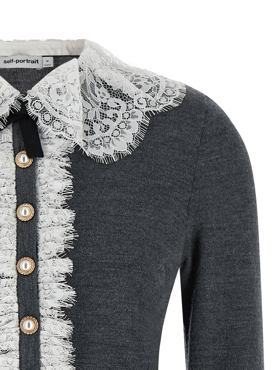 Self Portrait Grey Lace Collar Knit Cardigan With Removable Bow Brooch For Women Luxury Wool Topwear