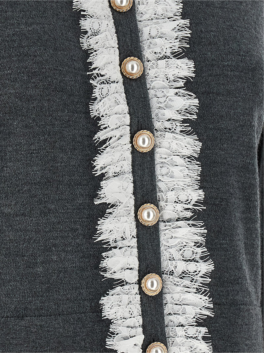 Self Portrait Grey Lace Collar Knit Cardigan With Removable Bow Brooch For Women Luxury Wool Topwear