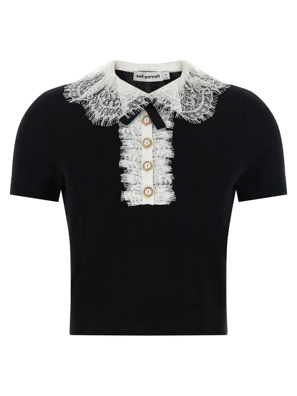 Self-Portrait Black Knit Lace Collar Top