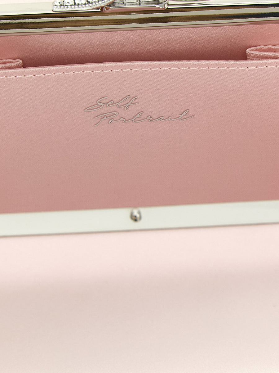 Self-Portrait Satin Clutch Pink Magnetic Closure Jewel Bow Removable Chain Strap Evening Bag Women