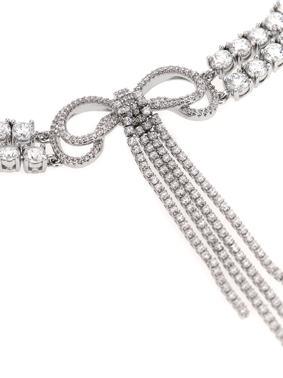Self-Portrait Double Crystal Bow Necklace for Women Silver Brass Choker Day to Evening Glamour