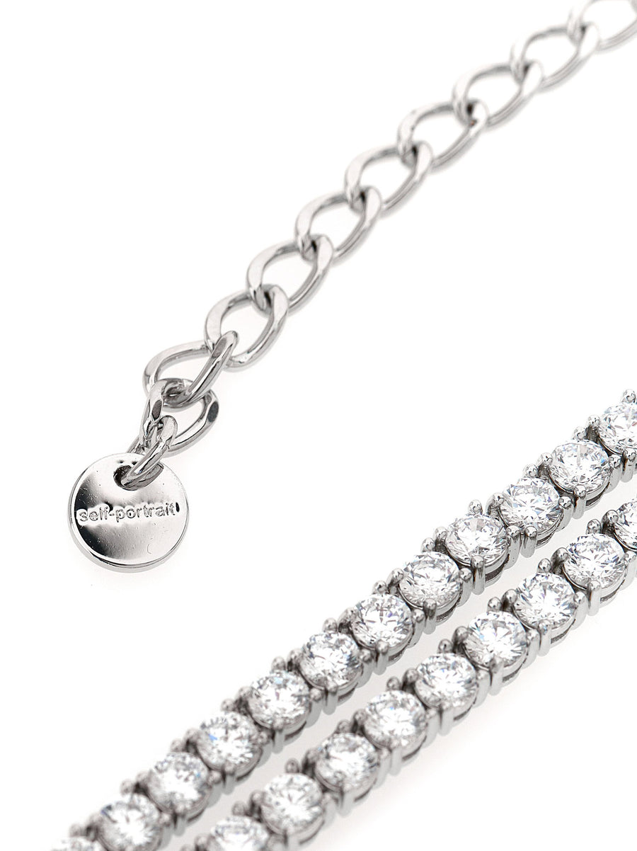 Self-Portrait Double Crystal Bow Necklace for Women Silver Brass Choker Day to Evening Glamour