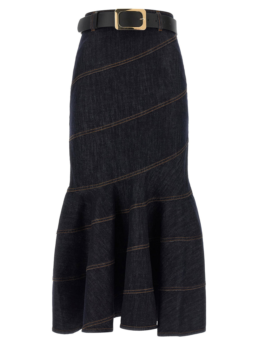 Self-Portrait Indigo Denim Belted Midi Skirt for Women Mermaid Silhouette, Pockets, Removable Belt