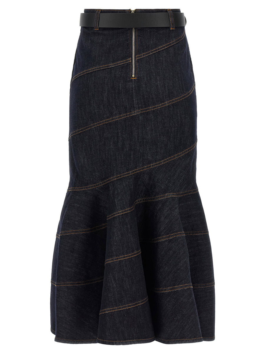 Self-Portrait Indigo Denim Belted Midi Skirt for Women Mermaid Silhouette, Pockets, Removable Belt