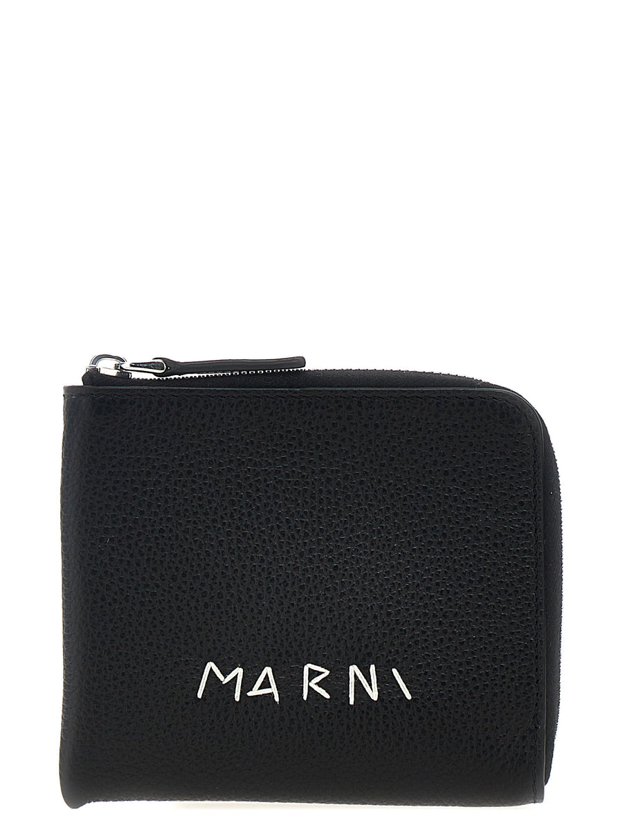 Marni Logo Wallet Hammered Calf Leather Black Zip Closure