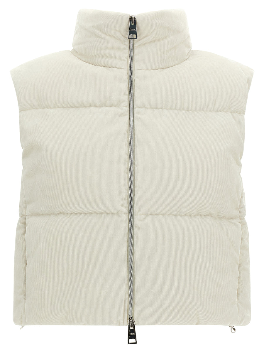Herno Resort White Velvet Corduroy Vest With Padded Lurex Quilting Standing Collar Boxy Fit For Women