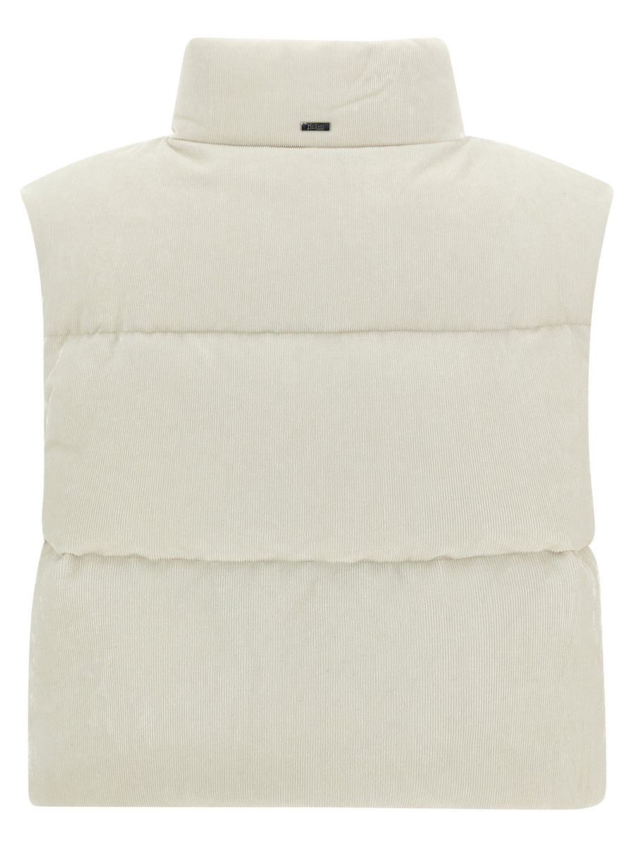 Herno Resort White Velvet Corduroy Vest With Padded Lurex Quilting Standing Collar Boxy Fit For Women