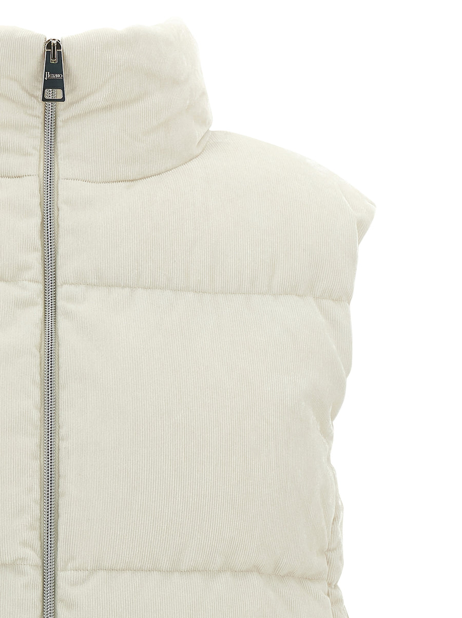 Herno Resort White Velvet Corduroy Vest With Padded Lurex Quilting Standing Collar Boxy Fit For Women