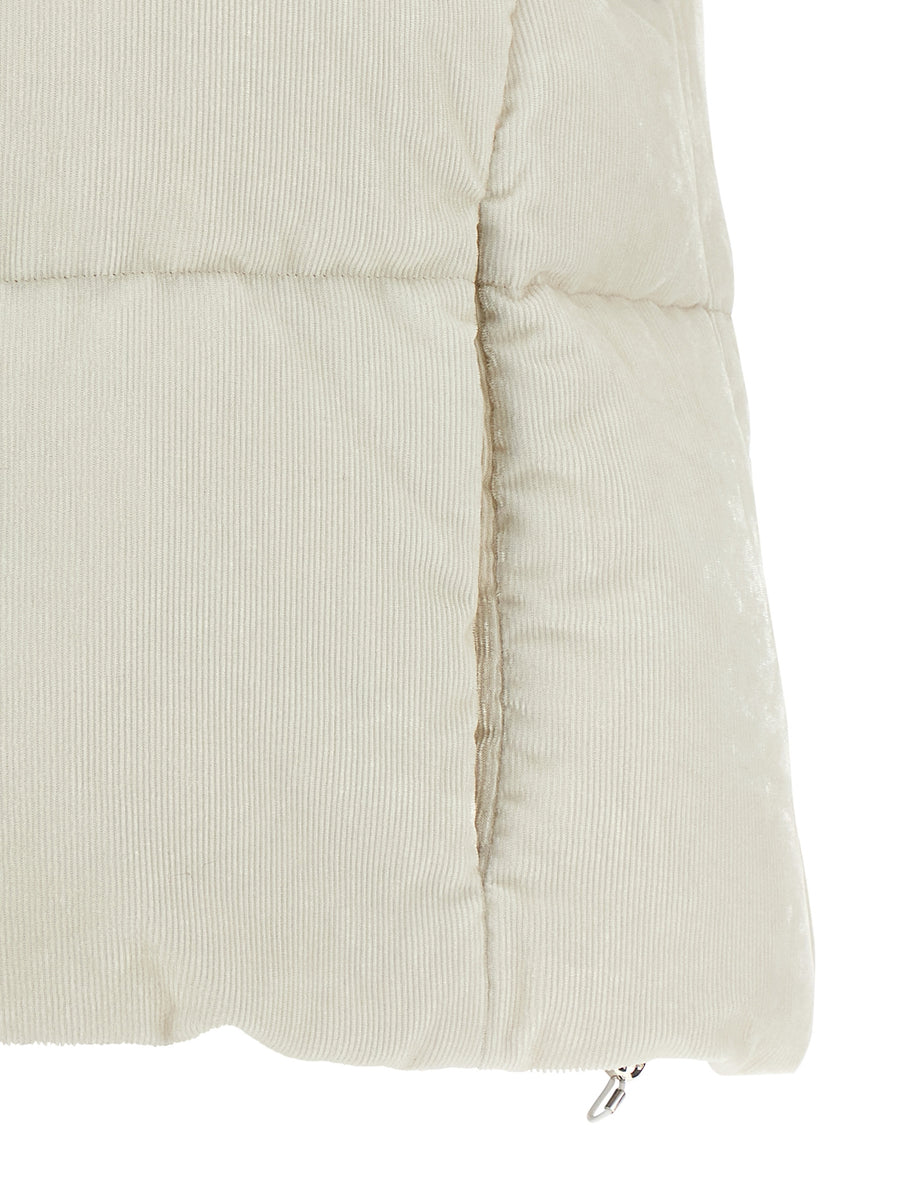 Herno Resort White Velvet Corduroy Vest With Padded Lurex Quilting Standing Collar Boxy Fit For Women