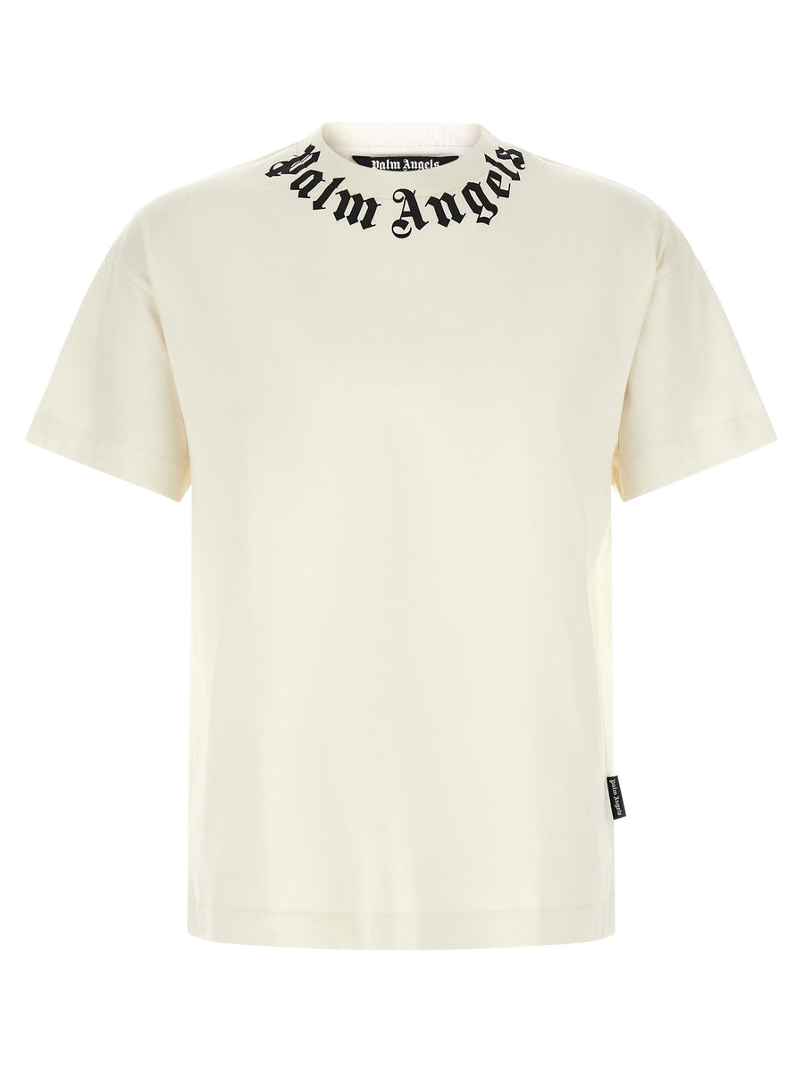 Palm Angels Neck Logo 100 Percent Cotton T Shirt for Men Premium Luxury Topwear with Front Print Logo