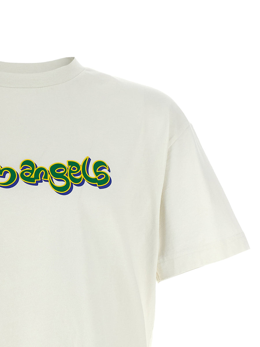 Palm Angels Thai Logo 3D Print Cotton T Shirt White Crew Neck Dropped Shoulders