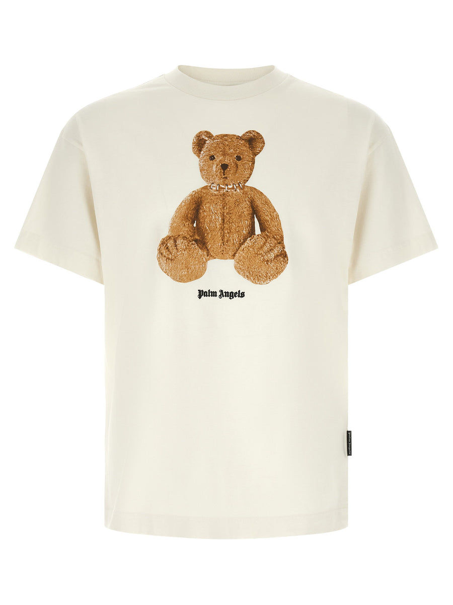 Palm Angels Bear Print Cotton T Shirt For Men Premium Comfort White Crew Neck Dropped Shoulders