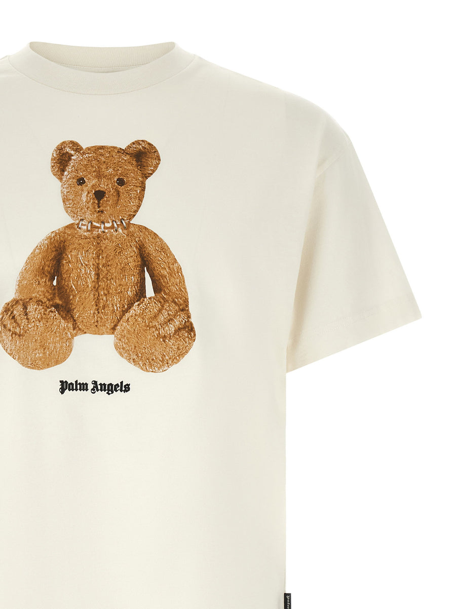 Palm Angels Bear Print Cotton T Shirt For Men Premium Comfort White Crew Neck Dropped Shoulders